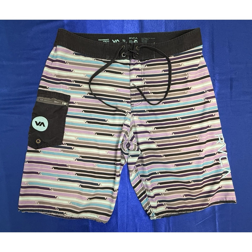 RVCA Mens 32 Performance Stretch 10" Board Shorts Striped Swim Trunks Surfer